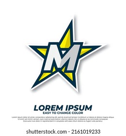 Soporte de estrella con ilustración inicial del logotipo M, estilo de deportación aislado en fondo blanco
