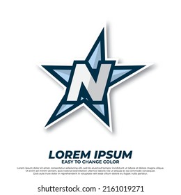 Soporte de estrella con la letra inicial N ilustración del logotipo, estilo de deportación aislado en fondo blanco