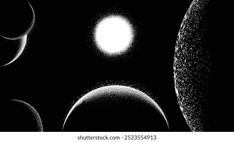 Star and exoplanet in outer space. Futuristic landscape, with noise texture . Space landscape with planet, moons, and sun . Deep space vector illustration