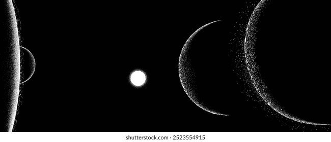 Star and exoplanet in outer space. Futuristic landscape, with noise texture . Space landscape with planet, moons, and sun . Deep space vector illustration