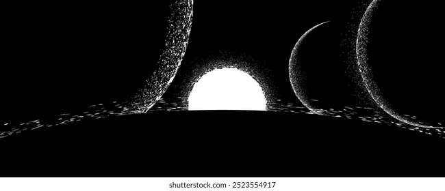 Star and exoplanet in outer space. Futuristic landscape, with noise texture . Space landscape with planet, moons, and sun . Deep space vector illustration