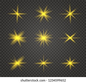 Star explodes on transparent background. Sparkling magic dust particles. Bright Star. The transparent shining sun, bright flash. Vector sparkles. To center a bright flash.