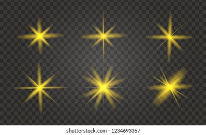 Star explodes on transparent background. Sparkling magic dust particles. Bright Star. The transparent shining sun, bright flash. Vector sparkles. To center a bright flash.