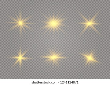 Star explodes on transparent background. Sparkling magic dust particles. Bright Star. The transparent shining sun, bright flash. Vector sparkles. To center a bright flash.