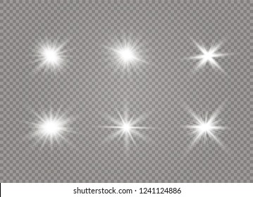 Star explodes on transparent background. Sparkling magic dust particles. Bright Star. The transparent shining sun, bright flash. Vector sparkles. To center a bright flash.