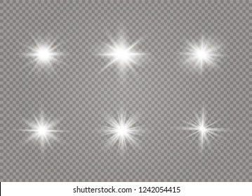 Star explodes on transparent background. Sparkling magic dust particles. Bright Star. The transparent shining sun, bright flash. Vector sparkles. To center a bright flash.