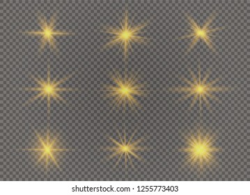 Star explodes on transparent background. Sparkling magic dust particles. Bright Star. The transparent shining sun, bright flash. Vector sparkles. To center a bright flash.