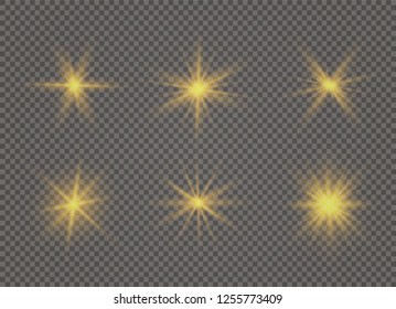 Star explodes on transparent background. Sparkling magic dust particles. Bright Star. The transparent shining sun, bright flash. Vector sparkles. To center a bright flash.