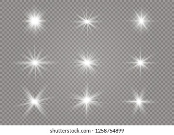 Star explodes on transparent background. Sparkling magic dust particles. Bright Star. The transparent shining sun, bright flash. Vector sparkles. To center a bright flash.