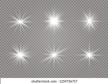 Star explodes on transparent background. Sparkling magic dust particles. Bright Star. The transparent shining sun, bright flash. Vector sparkles. To center a bright flash.