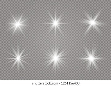 Star explodes on transparent background. Sparkling magic dust particles. Bright Star. The transparent shining sun, bright flash. Vector sparkles. To center a bright flash.