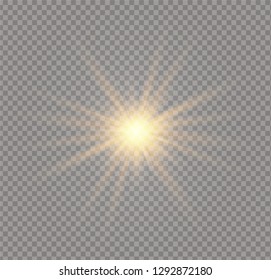 Star explodes on transparent background. Sparkling magic dust particles. Bright Star. The transparent shining sun, bright flash. Vector sparkles. To center a bright flash.