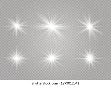 Star explodes on transparent background. Sparkling magic dust particles. Bright Star. The transparent shining sun, bright flash. Vector sparkles. To center a bright flash.