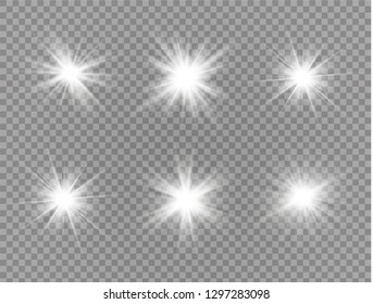 Star explodes on transparent background. Sparkling magic dust particles. Bright Star. The transparent shining sun, bright flash. Vector sparkles. To center a bright flash.
