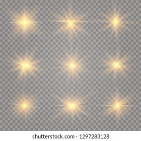 Star explodes on transparent background. Sparkling magic dust particles. Bright Star. The transparent shining sun, bright flash. Vector sparkles. To center a bright flash.
