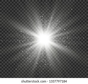 Star explodes on transparent background. Sparkling magic dust particles. Bright Star. The transparent shining sun, bright flash.
