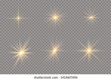 Star explodes on transparent background. Sparkling magic dust particles. Bright Star. The transparent shining sun, bright flash. Vector sparkles. To center a bright flash