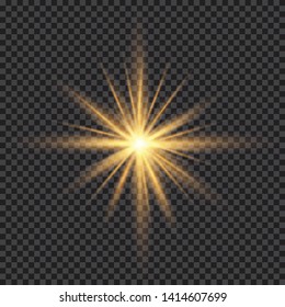 Star explodes on transparent background. Sparkling magic dust particles. Bright Star. The transparent shining sun, bright flash. Vector sparkles. To center a bright flash