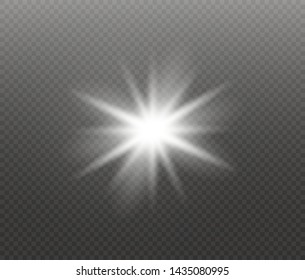 Star explodes on transparent background. Sparkling magic dust particles. Bright Star. The transparent shining sun, bright flash. Vector sparkles. To center a bright flash.