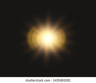 Star explodes on transparent background. Sparkling magic dust particles. Bright Star. The transparent shining sun, bright flash. Vector sparkles. To center a bright flash.