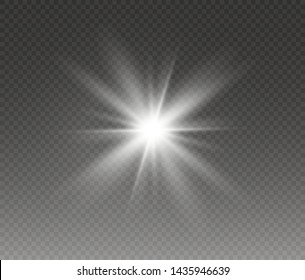 Star explodes on transparent background. Sparkling magic dust particles. Bright Star. The transparent shining sun, bright flash. Vector sparkles. To center a bright flash.