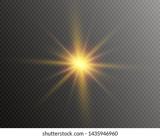Star explodes on transparent background. Sparkling magic dust particles. Bright Star. The transparent shining sun, bright flash. Vector sparkles. To center a bright flash.