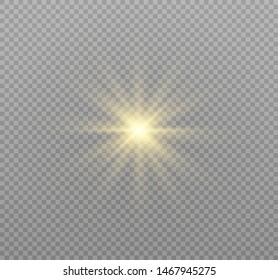 Star explodes on transparent background. Sparkling magic dust particles. Bright Star. The transparent shining sun, bright flash. Vector sparkles. To center a bright flash.