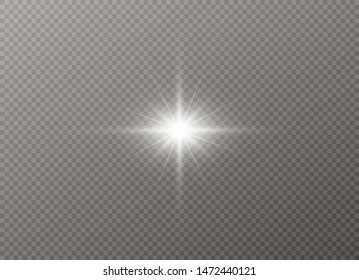Star explodes on transparent background. Sparkling magic dust particles. Bright Star. The transparent shining sun, bright flash. Vector sparkles. To center a bright flash.