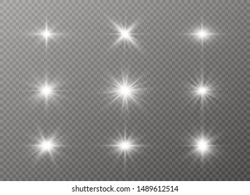 Star explodes on transparent background. Sparkling magic dust particles. Bright Star. The transparent shining sun, bright flash. Vector sparkles. To center a bright flash.