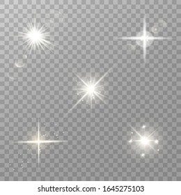 Star explodes on transparent background. Star burst with sparkles. Sparkling magic dust particles. Bright Star. The transparent shining sun, bright flash. Vector sparkles. 
