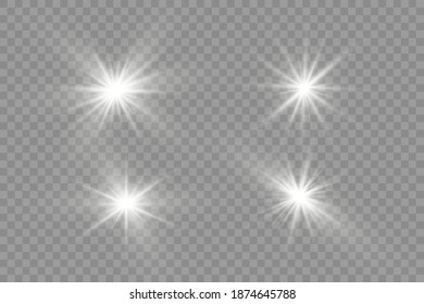 Star explodes on transparent background. Sparkling magic dust particles. Bright Star. The transparent shining sun, bright flash. Vector sparkles. To center a bright flash.