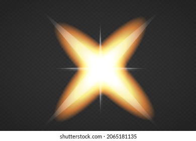 Star explodes on transparent background. Sparkling magic dust particles. Bright Star. The transparent shining sun, bright flash. Vector sparkles. To center a bright flash.