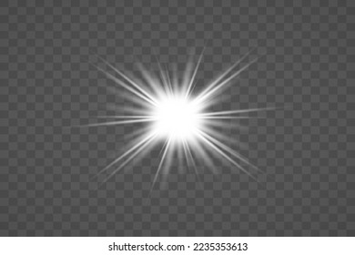 Star explodes on transparent background. Sparkling magic dust particles. Bright Star. The transparent shining sun, bright flash. Vector sparkles. To center a bright flash.