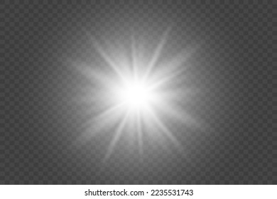 Star explodes on transparent background. Sparkling magic dust particles. Bright Star. The transparent shining sun, bright flash. Vector sparkles. To center a bright flash.