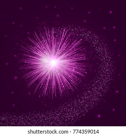 Star explosion on purple background. Spiral trail shooting sparkling comet. Vector illustration.