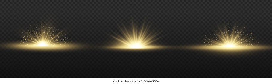 Star explosion on transparent background, yellow glow lights sun rays, flare special effect with rays of light and magic sparkles, bright and shining golden star, vector illustration, eps 10.
