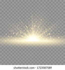 Star explosion on transparent background, flare special effect with rays of light and magic sparkles, yellow glow lights sun rays, bright and shining golden star, vector illustration, eps 10.