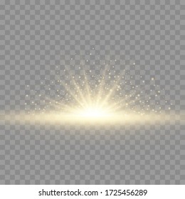 Star explosion on transparent background, yellow glow lights sun rays, flare special effect with rays of light and magic sparkles, bright and shining golden star, vector illustration, eps 10.