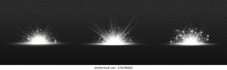 Sternenexplosion auf transparentem Hintergrund, gelbe Leuchten Sonnenstrahlen, Fackeleffekt mit Strahlen von Licht und magischen Funken, heller und leuchtender goldener Stern, Vektor-Illustration, Ps 10.