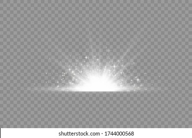 Star explosion on transparent background, yellow glow lights sun rays, flare special effect with rays of light and magic sparkles, bright and shining golden star, vector illustration, eps 10.