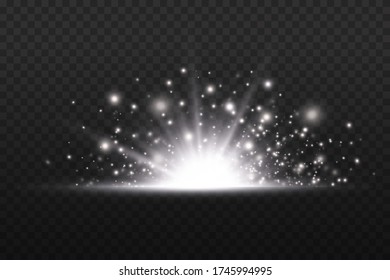 Explosión estelar sobre fondo transparente, rayos solares de luces amarillas, efecto especial de la bengala con rayos de luz y brillo mágico, estrella dorada brillante y brillante, ilustración vectorial, eps 10.