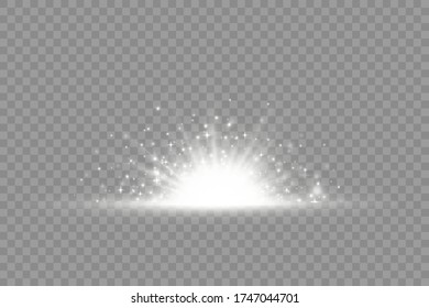 Star explosion on transparent background, yellow glow lights sun rays, flare special effect with rays of light and magic sparkles, bright and shining golden star, vector illustration, eps 10.