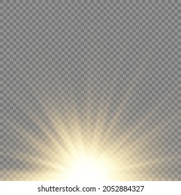 Star explosion on transparent background, yellow glow lights sun rays, flare special effect with rays of light and magic sparkles, bright and shining golden star, vector illustration, eps 10.