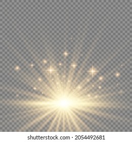 Star explosion on transparent background, yellow glow lights sun rays, flare special effect with rays of light and magic sparkles, bright and shining golden star, vector illustration, eps 10.