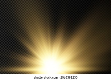 Star explosion on transparent background, yellow glow lights sun rays, flare special effect with rays of light and magic sparkles, bright and shining golden star, vector illustration, eps 10.