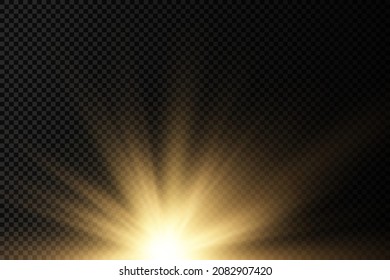 Star explosion on transparent background, yellow glow lights sun rays, flare special effect with rays of light and magic sparkles, bright and shining golden star, vector illustration, eps 10.