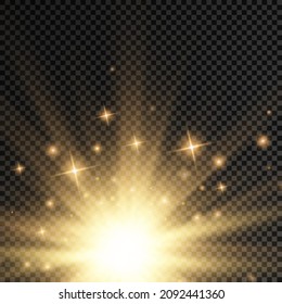 Star explosion on transparent background, yellow glow lights sun rays, flare special effect with rays of light and magic sparkles, bright and shining golden star, vector illustration, eps 10.