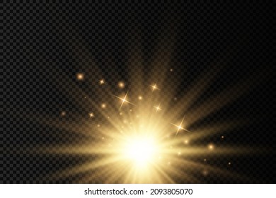 Star explosion on transparent background, yellow glow lights sun rays, flare special effect with rays of light and magic sparkles, bright and shining golden star, vector illustration, eps 10.