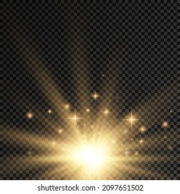 Star explosion on transparent background, yellow glow lights sun rays, flare special effect with rays of light and magic sparkles, bright and shining golden star, vector illustration, eps 10.