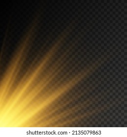 Star explosion on transparent background, yellow glow lights sun rays, flare special effect with rays of light and magic sparkles, bright and shining golden star, vector illustration, eps 10.